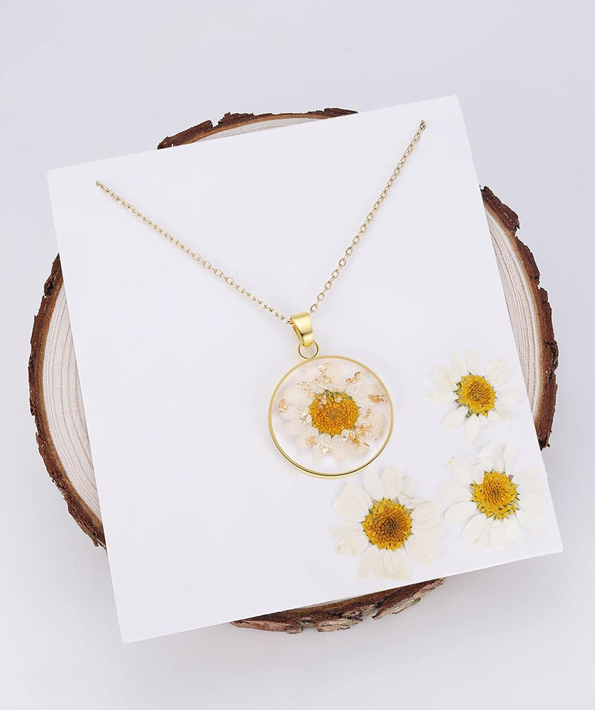 Gold Pressed Flower Necklace with Forget-Me-Not and Queen - Image 2