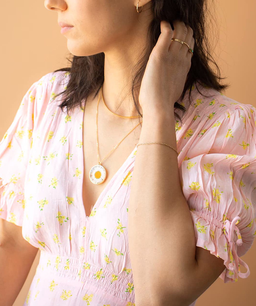 Gold Pressed Flower Necklace with Forget-Me-Not and Queen - Image 3
